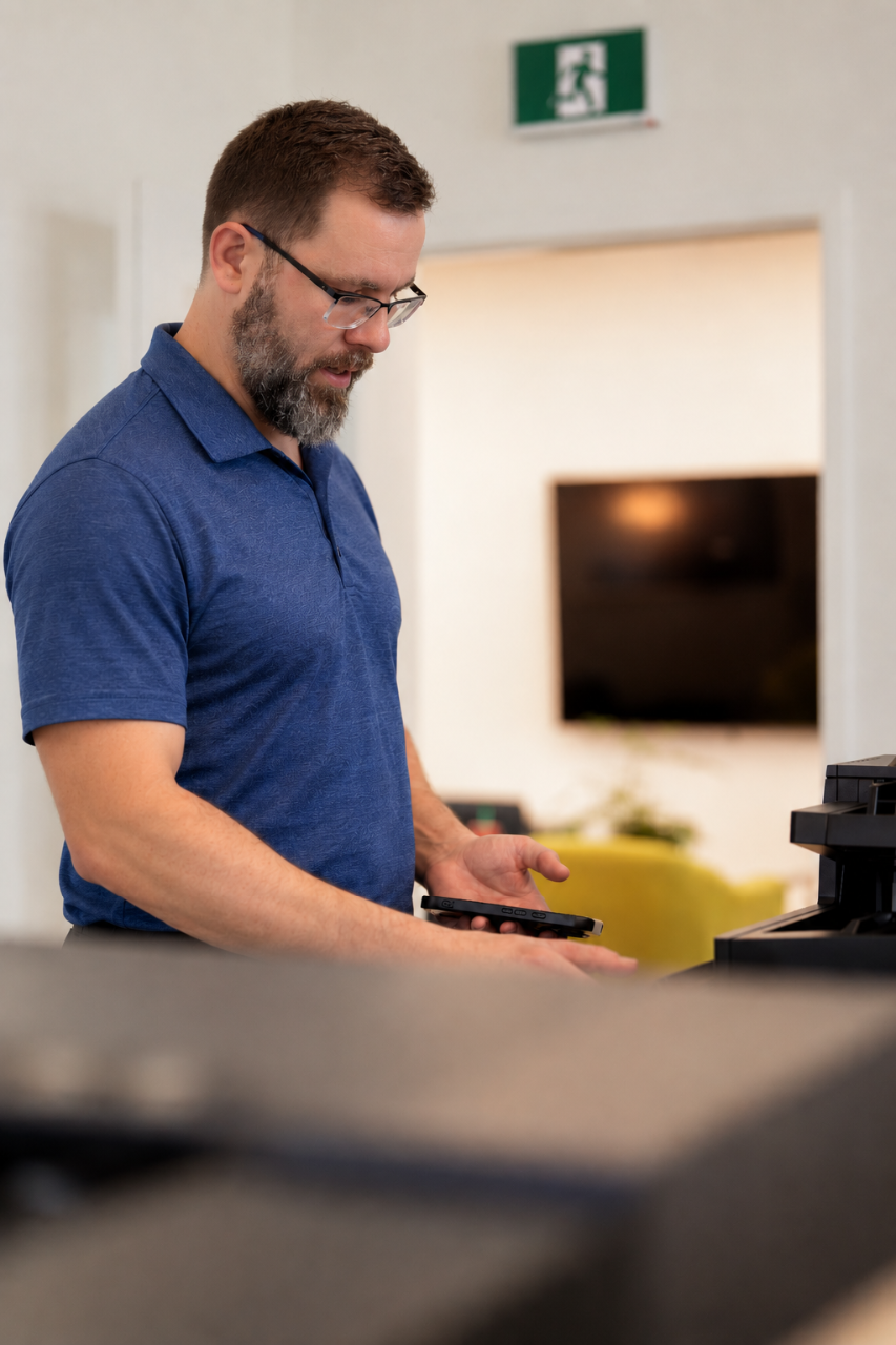 Service Technician troubleshooting a Kyocera Multifunction Printer